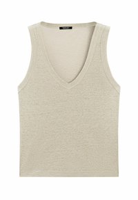 Jasnoszary top bez rękawów z głębokim dekoltem w kształcie litery V, wykonany z miękkiej tkaniny. Charakteryzuje się gładką fakturą i wykończeniem z estetycznymi brzegami.