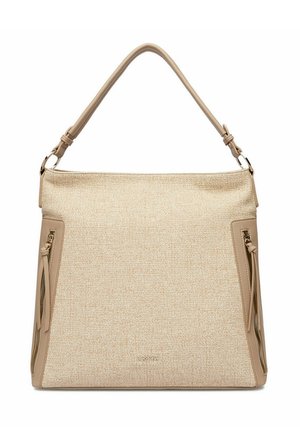 Bolso beige texturizado con un asa superior única, bolsillos laterales con cremallera y un sutil logo de la marca en el centro frontal.