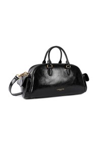 Borsa a mano in pelle nera con finitura lucida, forma arrotondata, due manici superiori, tracolla regolabile e dettagli in logo dorato.