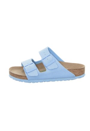 Light blue two-strap sandal with adjustable buckles, cork footbed, and rubber sole. Textured upper material for grip.