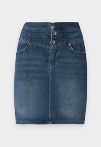 Jupe en denim bleu foncé avec fermeture à double bouton, fente devant et deux poches avant sur un fond clair uni.