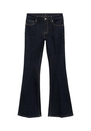 Donkerblauwe denim jeans met hoge taille, voorzakken en wijd uitlopende pijpen, plat weergegeven op een witte achtergrond.