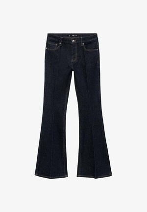 Dark blue denim jeans with high waist, front pockets, and flared wide legs, displayed flat on a white background.