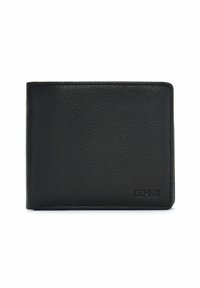 Czarny skórzany portfel o teksturowanym wykończeniu, prostokątnym kształcie i subtelnym detalem logo wytłoczonym w prawym dolnym rogu.