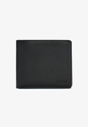 Czarny skórzany portfel o teksturowanym wykończeniu, prostokątnym kształcie i subtelnym detalem logo wytłoczonym w prawym dolnym rogu.