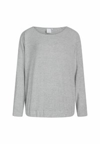 Šedý dlouhý rukáv top s kulatým výstřihem, jemnou texturou, uvolněným střihem a nařaseným lemem. Minimalistický design bez viditelných vzorů nebo akcentů.
