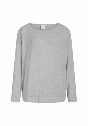 Top gris de manga larga con escote redondeado, textura suave, corte relajado y dobladillo fruncido. Diseño minimalista sin patrones ni adornos visibles.