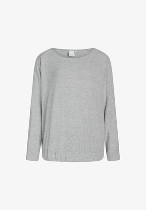 Top gris de manga larga con escote redondeado, textura suave, corte relajado y dobladillo fruncido. Diseño minimalista sin patrones ni adornos visibles.