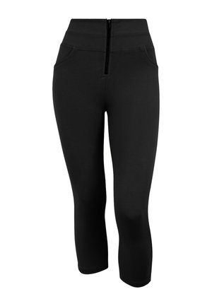High-waist black cropped pants with front pockets and a visible front zipper closure.