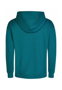 Sudadera color azul verdoso con una gran capucha en la parte posterior, mangas largas y puños acanalados. Fabricada con un tejido suave y con textura. Diseño simple y sin adornos.