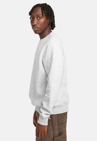 Felpa grigia chiara in cotone con collo rotondo, polsini e orlo a costine, caratterizzata da un design minimal e un tessuto leggermente strutturato.