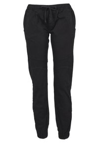 Svarta joggerbyxor i bomullsblandning, med elastisk midja och dragsko, sidofickor och smalnade fållar.