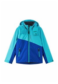 Bunte Jacke mit türkisfarbenem Oberteil und dunkelblauem Unterteil, ausgestattet mit Kapuze, Reißverschlusstaschen und reflektierenden Akzenten für bessere Sichtbarkeit.