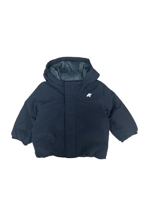 Giacca a vento imbottita blu navy con cappuccio, caratterizzata da una superficie esterna liscia, polsini elasticizzati e un morbido rivestimento in pile. Logo bianco sul petto.