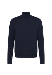 Navyblauer Rollkragenpullover aus geripptem Strickstoff. Verfügt über lange Ärmel und eine taillierte Silhouette mit einem definierten Ausschnitt und Bündchen.