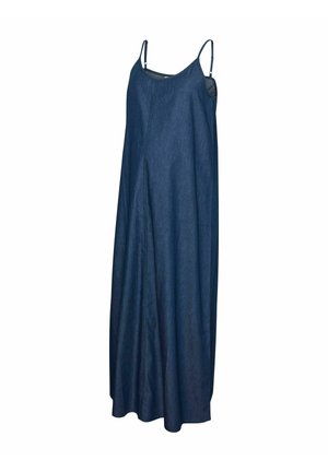 Dark blue sleeveless maxi dress with thin adjustable straps and a simple, flowing design.