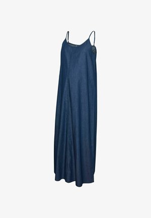 Dark blue sleeveless maxi dress with thin adjustable straps and a simple, flowing design.