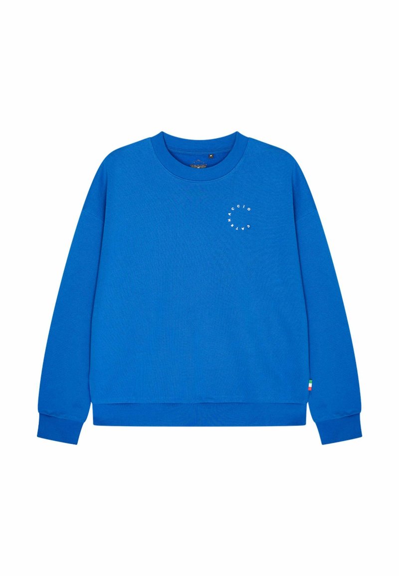 Blauwe sweatshirt van katoen, met een ronde hals, lange mouwen en een cirkelvormig wit grafisch ontwerp aan de voorkant.
