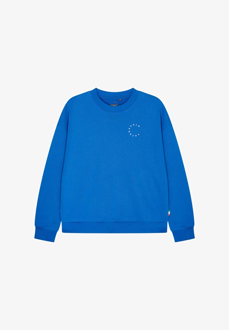 Blauwe sweatshirt van katoen, met een ronde hals, lange mouwen en een cirkelvormig wit grafisch ontwerp aan de voorkant.