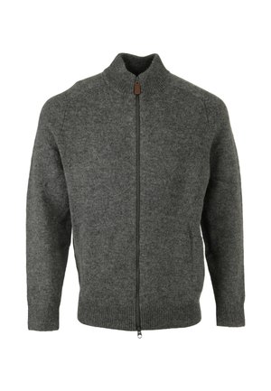 Donkergrijze wollen cardigan met volledige ritssluiting, geribde kraag, manchetten en zoom, weergegeven op een effen witte achtergrond.