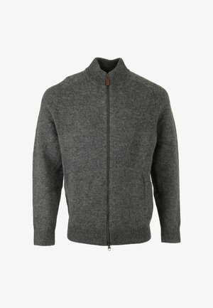 Dunkelgrauer Wollcardigan mit durchgehendem Reißverschluss und geripptem Kragen, Bündchen sowie Saum, auf weißem Hintergrund dargestellt.