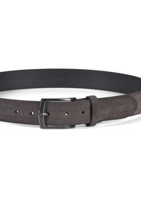 Suede belt in dark gray with a smooth finish, featuring a metal buckle and multiple adjustment holes for sizing. Flat, minimalist design.