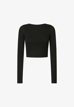 Črn skrajšan top z dolgimi rokavi, izdelan iz mehkega materiala. Ima okroglo ovratnico in majhen kovinski detajl na robu. Gladka tekstura.