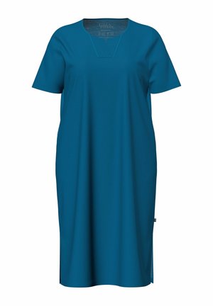 Teal blå knælange kjole med korte ærmer og firkantet notch-udskæring, lavet af glat stof.