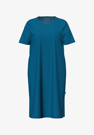 Vestido azul verdoso hasta la rodilla con mangas cortas y escote cuadrado con muesca, confeccionado en tejido liso.