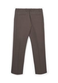 Braune Hose mit glatter Textur, geradem Bein Design, elastischem Bund und zwei Gesäßtaschen. Keine sichtbaren Muster oder Hardware-Details.