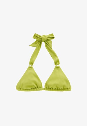 Top bikini verde a costine con coppe triangolari, texture arricciata e spalline a fiocco. Presenta dettagli in metallo circolari alla base.