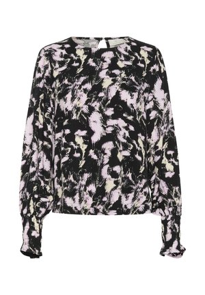 Čierna blúzka s dlhým rukávom s ružovým a krémovým abstraktným vzorom, okrúhlym výstrihom a naberanými manžetami. Jemná tkanina s voľným strihom.