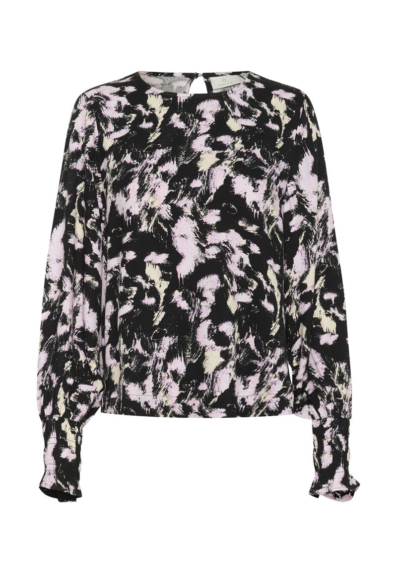 Crna bluza dugih rukava s ružičastim i krem abstraktnim uzorkom, okruglim izrezom i nabranim manžetama. Mekani materijal s opuštenim krojem.