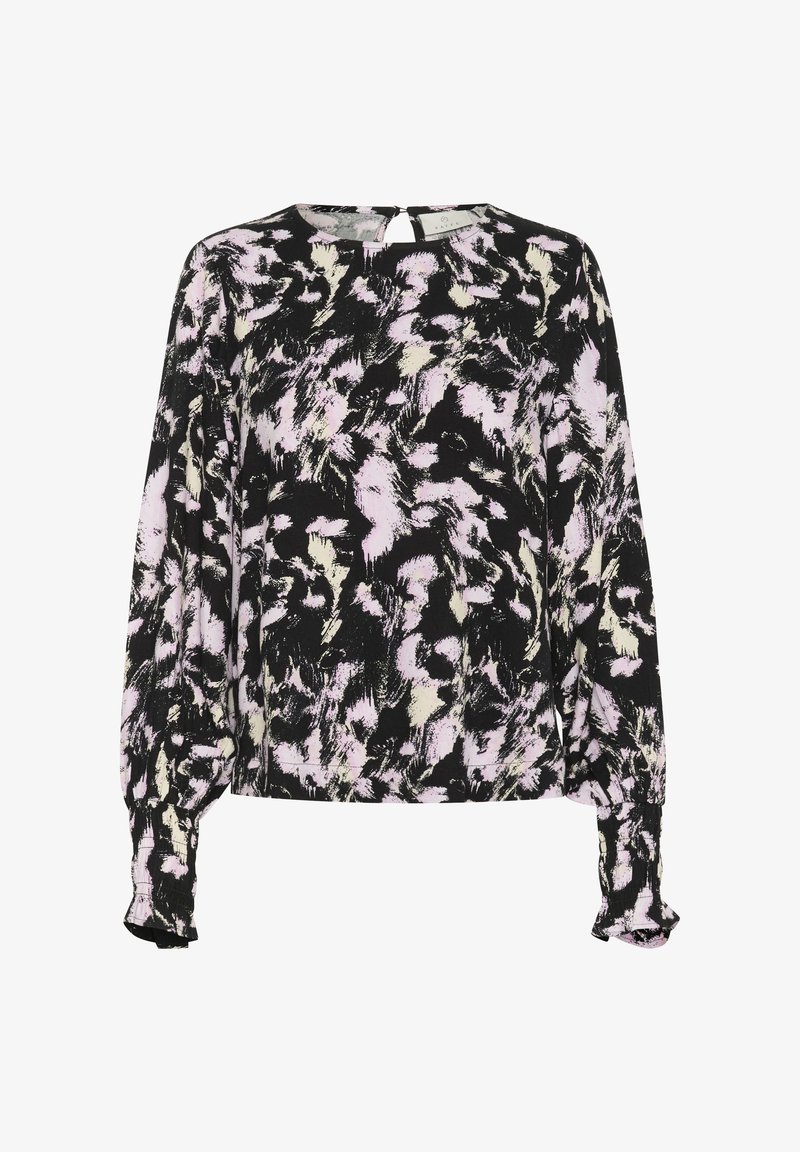 Long-sleeve black blouse featuring a pink and cream abstract pattern, round neckline, and gathered cuffs. Soft fabric with a relaxed fit.