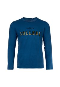 Blauwe langesleeve t-shirt van katoen met een ronde hals. Tekst "SPORTS 1957 COLLEGE" in geel en zwart over de borst.