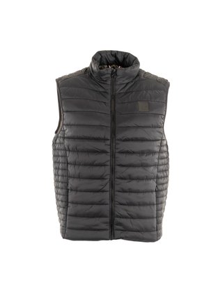 Zwarte gewatteerde bodywarmer met hoge kraag, ritssluiting aan de voorkant en horizontale stiksels. Heeft een gladde textuur en minimale accenten van beslag.