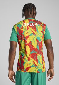 Jersey de manga corta en verde, rojo y amarillo con un patrón de hojas; "SENEGAL" impreso en blanco en la parte posterior. Tejido suave, corte atlético.