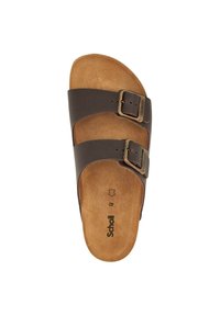 Sandales marron à deux brides en matériau synthétique, avec une finition lisse, une semelle intérieure en forme et des boucles réglables.