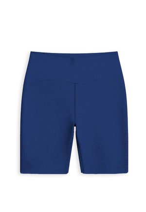 Marineblauwe shorts gemaakt van glad, rekbaar materiaal. Heeft een hoge tailleband, naadloos ontwerp en kleine perforaties langs de zijkanten.