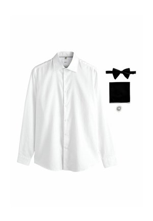 White long-sleeve button-up shirt with black bow tie, black pocket square, and silver sun-shaped lapel pin on a white background.