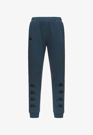 Pantaloni della tuta blu navy con vita elasticizzata e polsini, con loghi neri del marchio sui lati e vicino alla vita.