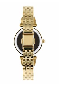 Goldfarbene Metallglieder-Armbanduhr mit rundem Zifferblatt in Schwarz und Gold, mittig befestigtem Verschluss, Krone auf der rechten Seite, vor weißem Hintergrund.