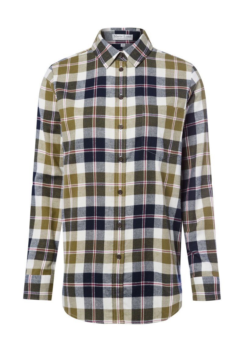 Checkered button-up shirt in green, navy, and white. Made of soft fabric with a collar, long sleeves, and a single chest pocket.