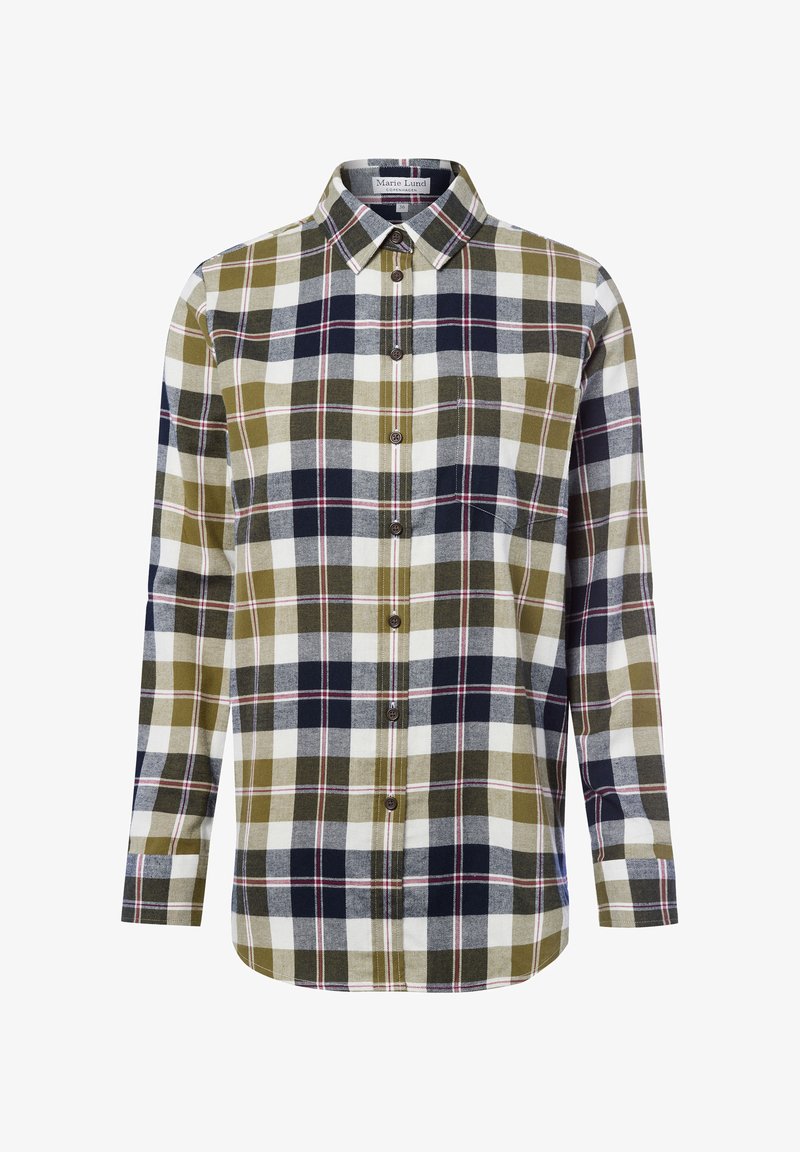 Checkered button-up shirt in green, navy, and white. Made of soft fabric with a collar, long sleeves, and a single chest pocket.