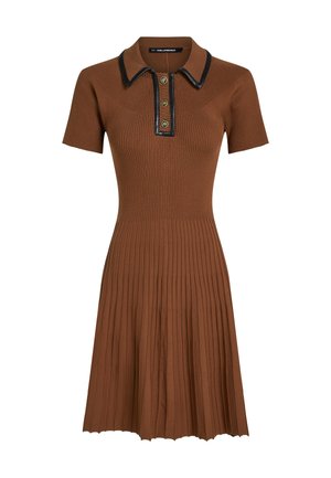 Ruda raukšlėta suknelė su prigludusia liemene, trumpomis rankovėmis ir klostuota sijonu. Su juodu apykakle ir sagų sąrašu. Minkšta tekstūra.