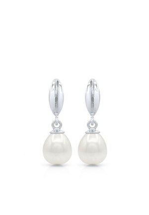 Boucles d'oreilles pendantes en argent avec des perles blanches en forme de goutte d'eau suspendues à des fermoirs ovales lisses.