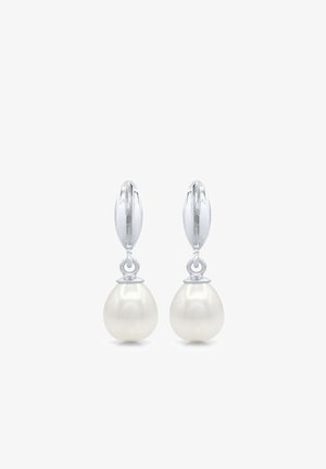 Boucles d'oreilles pendantes en argent avec des perles blanches en forme de goutte d'eau suspendues à des fermoirs ovales lisses.