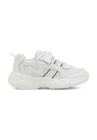 White athletic shoes with mesh upper, rubber sole, and velcro strap. Features gray stripes and textured detailing on sides.