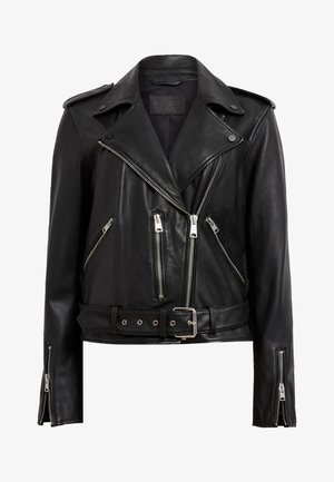 Czarna skórzana kurtka motocyklowa z wieloma ukośnymi zamkami, regulowanym paskiem i detalami na guziki przy kołnierzu. Gładka faktura.