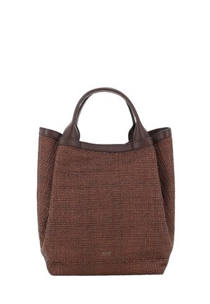 Braune Texturtasche mit kurzen dunkelbraunen Griffen und dezentem Logo nahe der unteren Mitte.